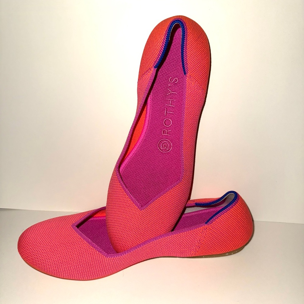 Rothy's Vibrant Pink Flats with Blue Accents - Picture 5 of 9